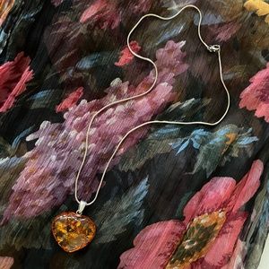 Amber Heart Pendant + Silver Chain
